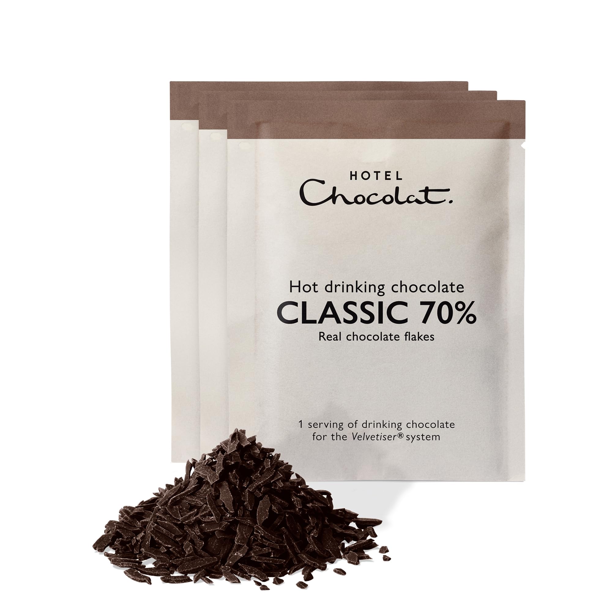 Hotel Chocolat Classic 70% Dark Hot Chocolate Sachets - Luxury Chocolate Flakes - Pack of 20 Single-Serve Sachets, 700g - Suitable for Vegetarians & Vegans - Serve Hot or Iced