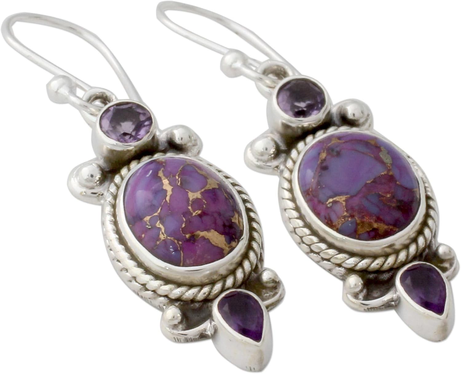NOVICA Artisan Handmade Amethyst dangle earrings Indian Dangle Earrings in Sterling Silver Settings Reconstituted Turquoise Purple India Ultra Violet Birthstone [1.8in L x 0.5in W x 0.2in D]