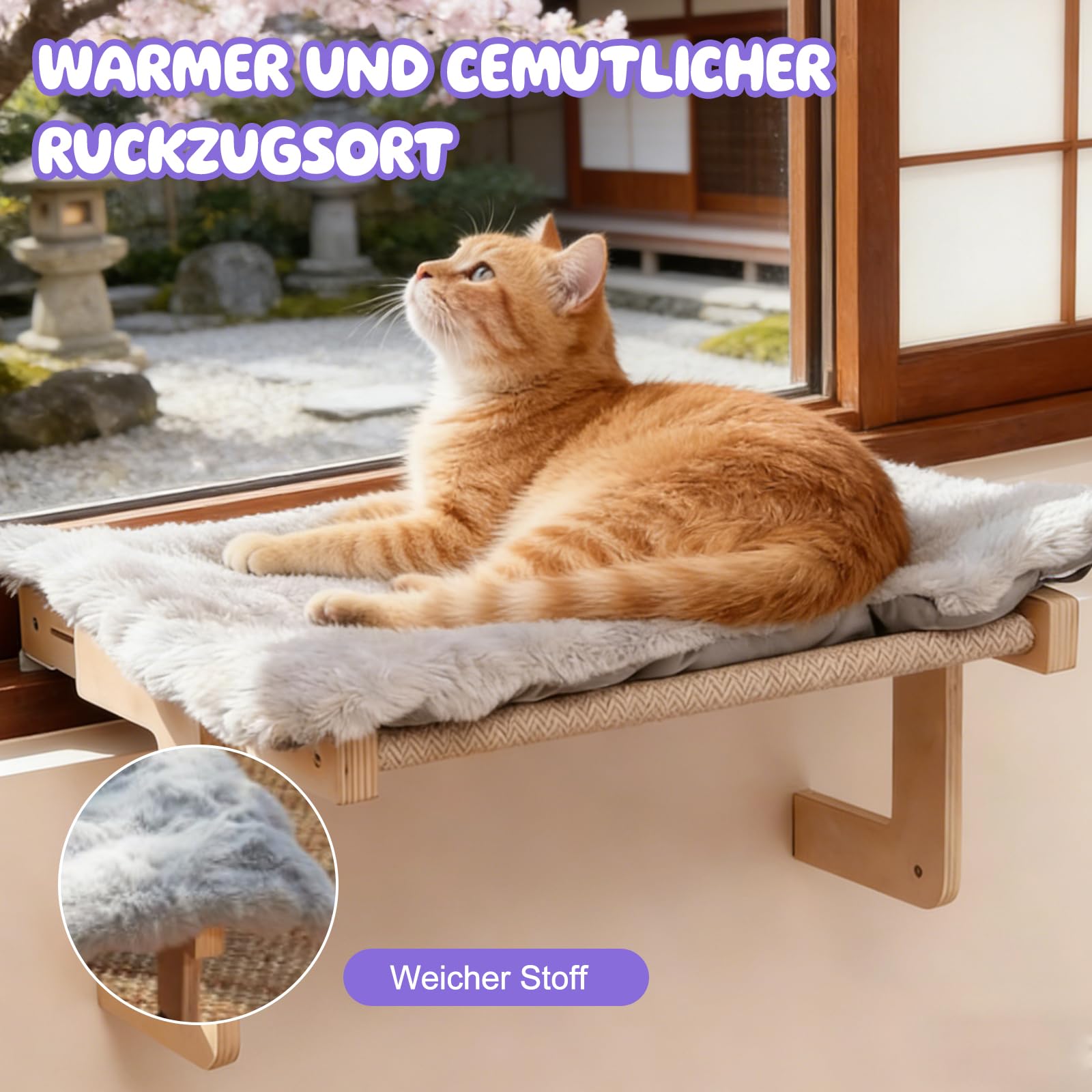 Hamaca Cama Gato Ventana, Hamaca para Ventana con Alfombra Reversible y Lavable, Instalación sin Herramientas Estante para Gato MAX.20 kg, 50 x 39 cm