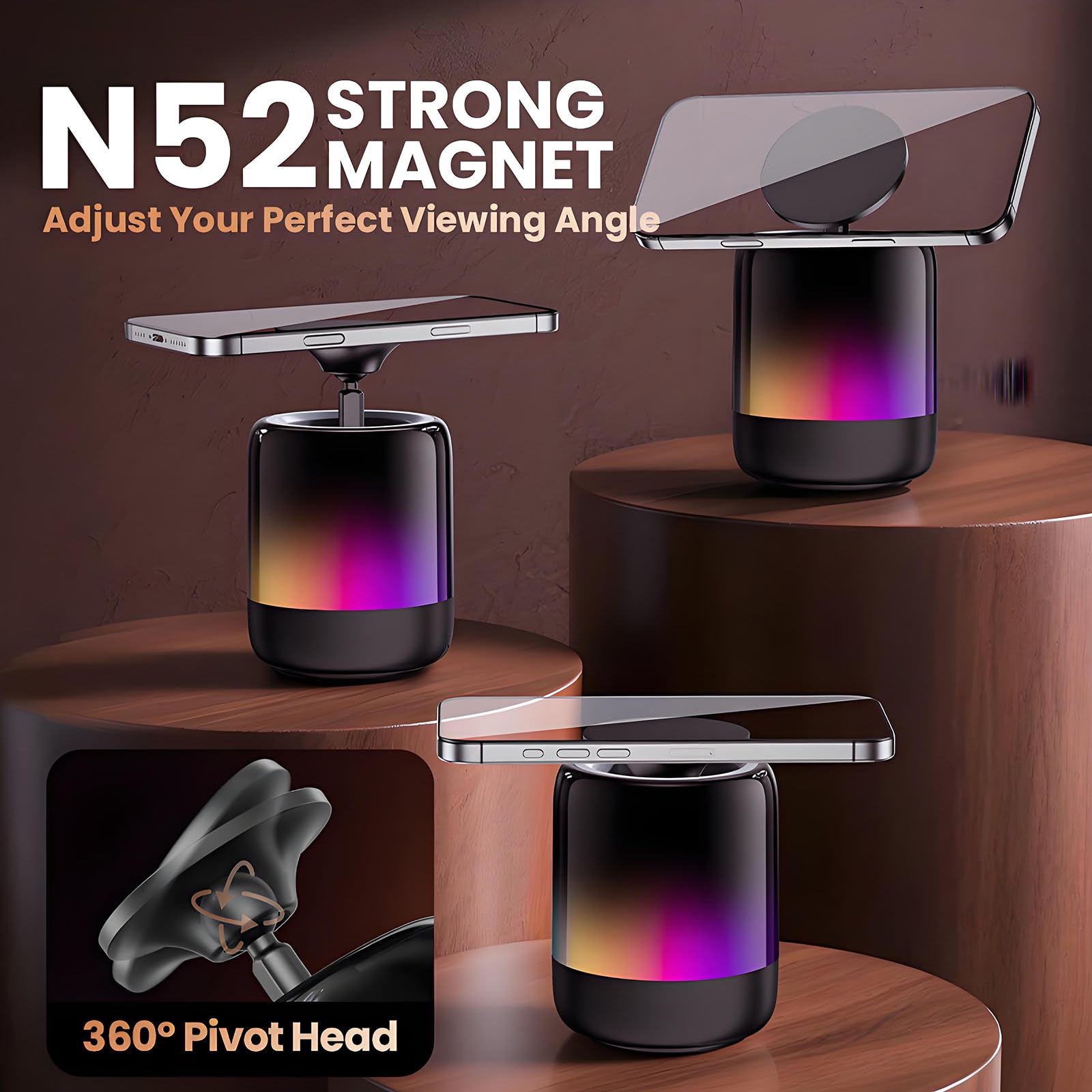 Altoparlante magnetico Bluetooth, altoparlante magnetico con luce RGB da 600 mAh, supporto magnetico per telefono N52, set di luce notturna da 12 ore, suono a 360°, tipo C, scheda TF