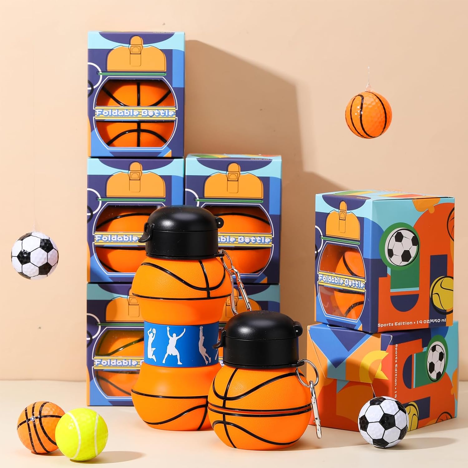 Layhit 8 Pcs Basketball Party Favors 18oz Collapsible Basketball Water Bottle for Kids Silicone Sport Water Cups for Players Lovers School Team Gifts Travel Sport Theme Party Accessories - Image 8