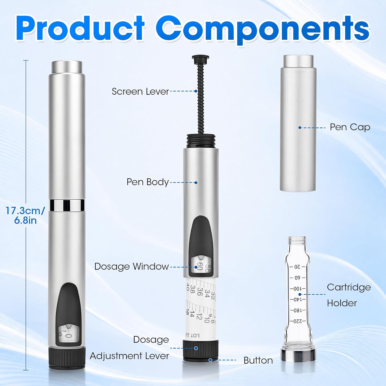 60 Unit V2 Peptide Injector Pen, Reusable Injection Pens with Case, Gray