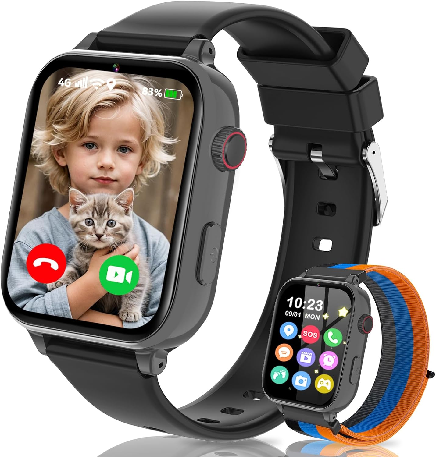 Smartwatch per bambini 4G, Smart Watch con GPS, SOS, Telefono/Chat/Videochiamate, Modalità scuola, Contapassi, Allarme, Gioco Smart Watch Ragazza Ragazzo 4-12 anni Regalo (Nero)