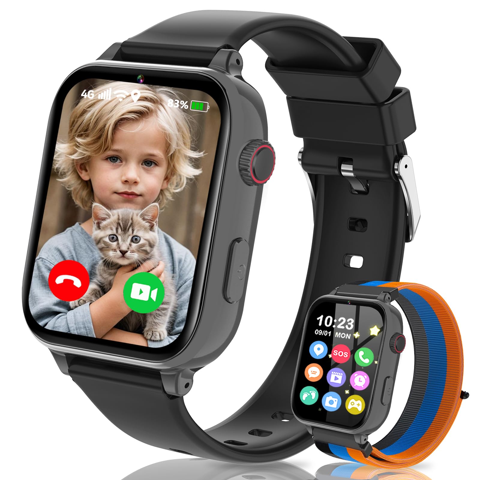 Ucani 4G Orologio Smartwatch Bambini, Orologio Intelligente con GPS, SOS, Telefono/Chat/Videochiamata, Modalità Scuola, Contapassi, Sveglia, Gioco Smart Watch Ragazza Ragazzo 4-12 Anni Regalo, Nero