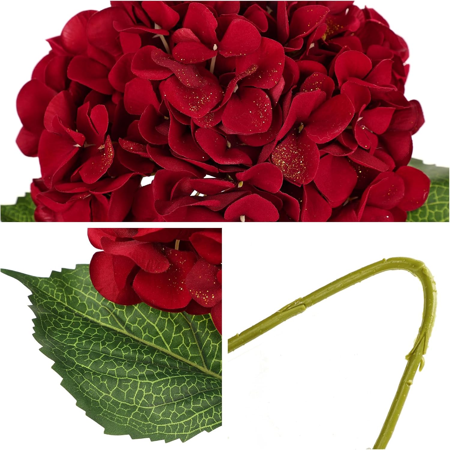 Hollyone 3Pcs Christmas Red Hydrangea Artificial Flowers 7.8inch Burgundy Hydrangeas Glitter Faux Hydrangea Flowers with Stems Fake Flower Arrangements Bouquets Floral Party Xmas Home Decor Large - Image 3