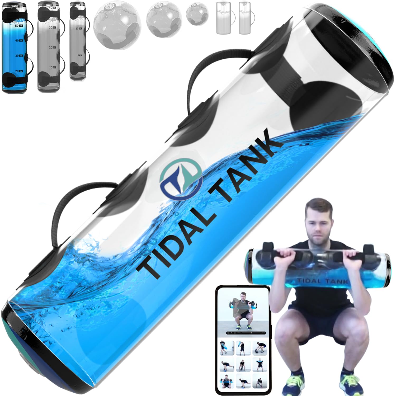Tidal Tank - Sand Bag Alternative 45 lbs- Adjustable Aqua Bag and Power Bag with Water - Core and Balance Device- Portable Stability Fitness Equipment - Including Online Training Center…