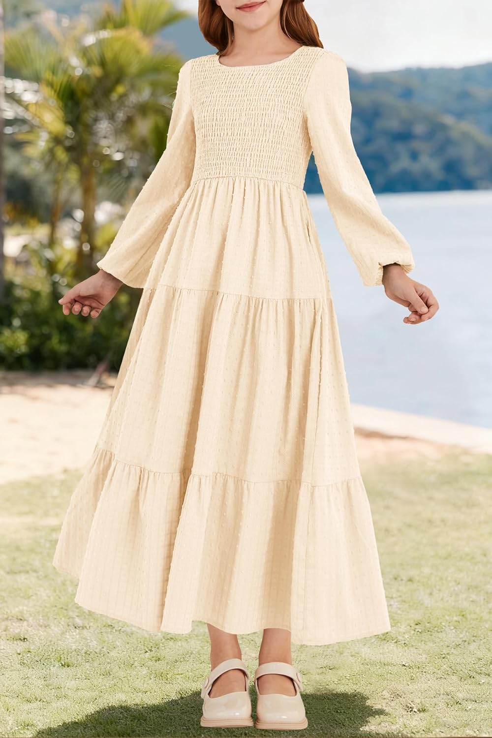HOSIKA Tween Girls Fall Puff Long Sleeve Smocked Swiss Dot Tiered A-line Flowy Maxi Dress with Pockets 6-12 Years