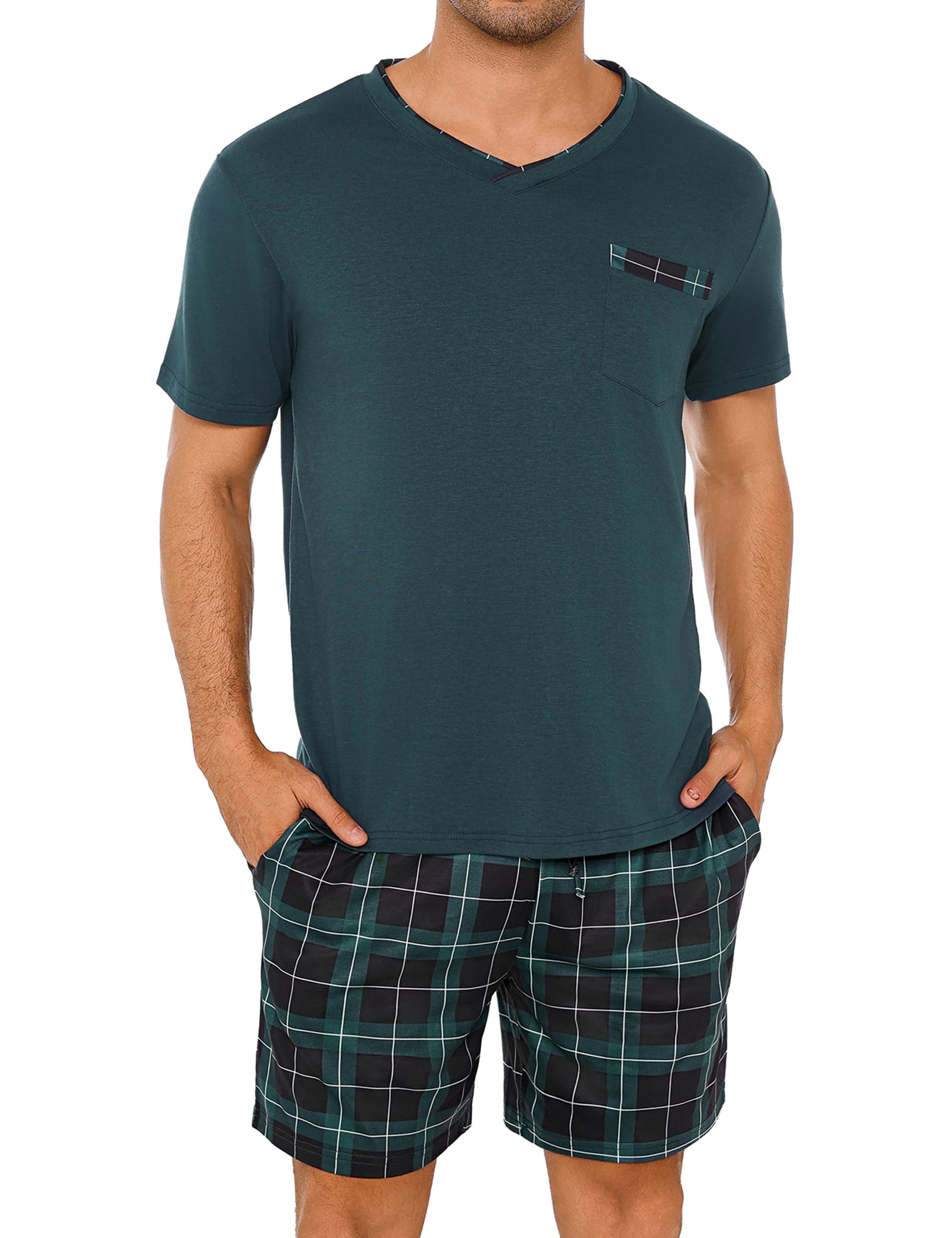 Leversic Zweiteiliger Schlafanzug Herren Kurz Baumwolle mit Karierter V-Ausschnitt, Shorty Pyjama Herren Set Sommer Nachtwäsche Pajamas for Männer