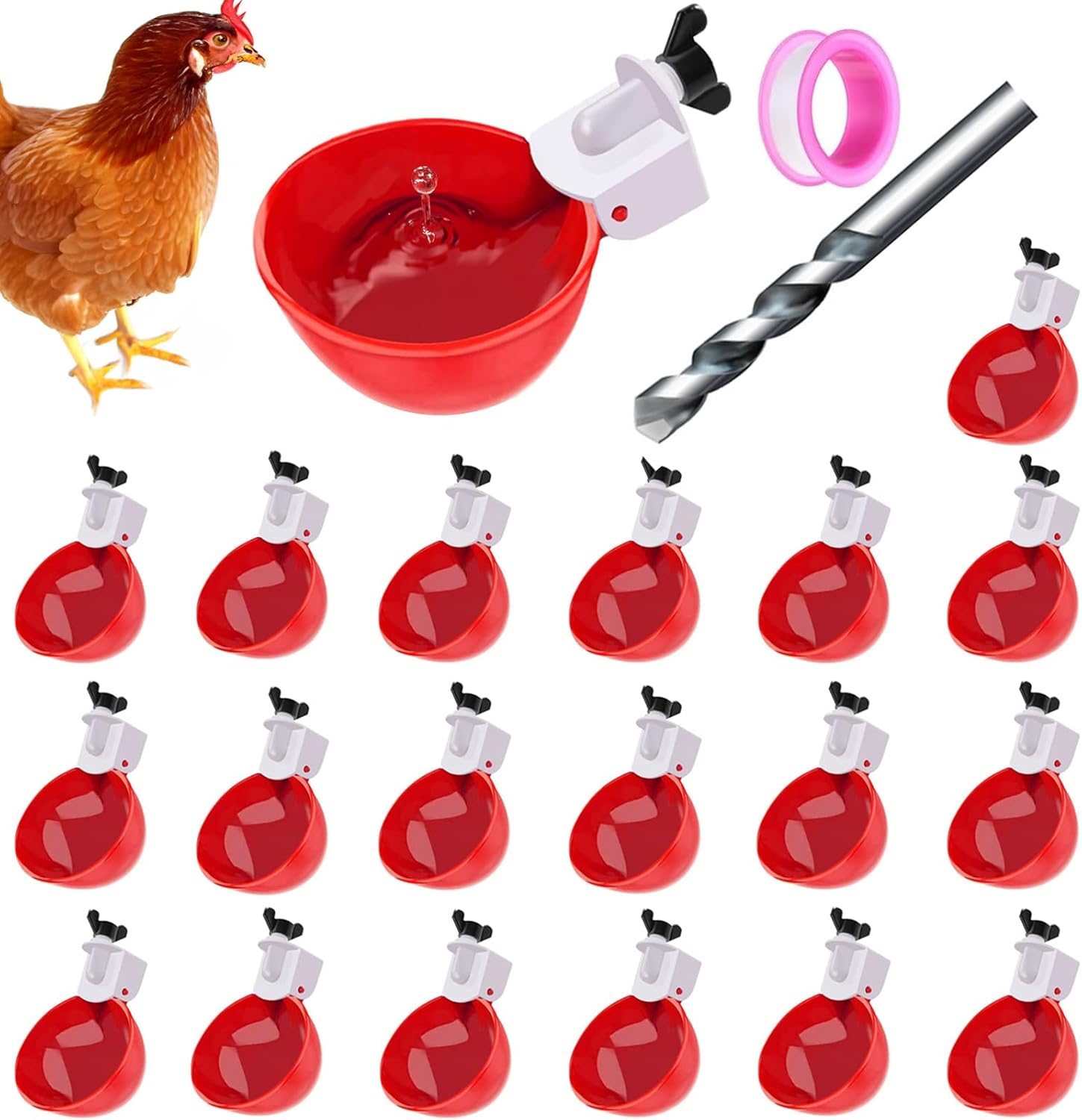 20 Pack Chicken Waterer Cups 3/8 Inch Large Automatic Chicken Water Feeder for Poultry Water Feeder Kit Chick Waterer with Mounting Hole Opener, Suitable for Ducks, Turkeys, Etc