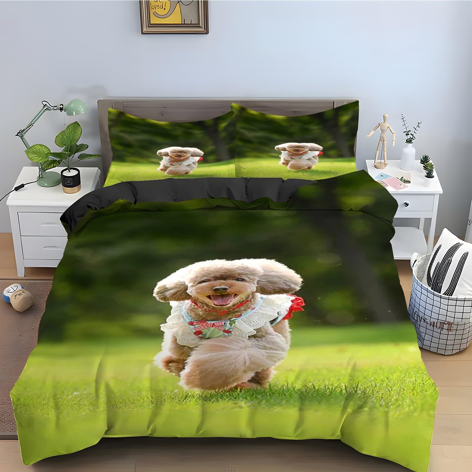 Housse de Couette 220x240 Caniche pour une Chambre Ambiance Prairie Naturelle