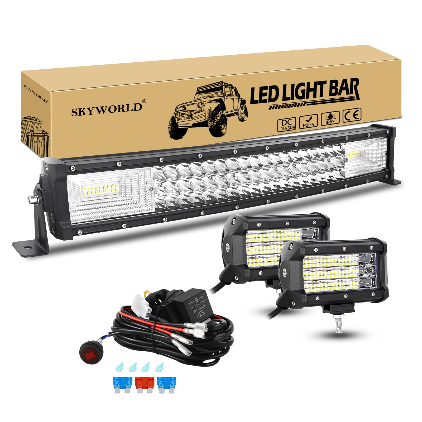 SKYWORLD Listwa Led do samochodu, 56 cm 270 W zakrzywiona listwa świetlna LED Lampa robocza, 2 x 13 cm 135 W Led Flood światła przeciwmgielne z zestawem okablowania 12V Truck Ciągnik Offroad 4x4