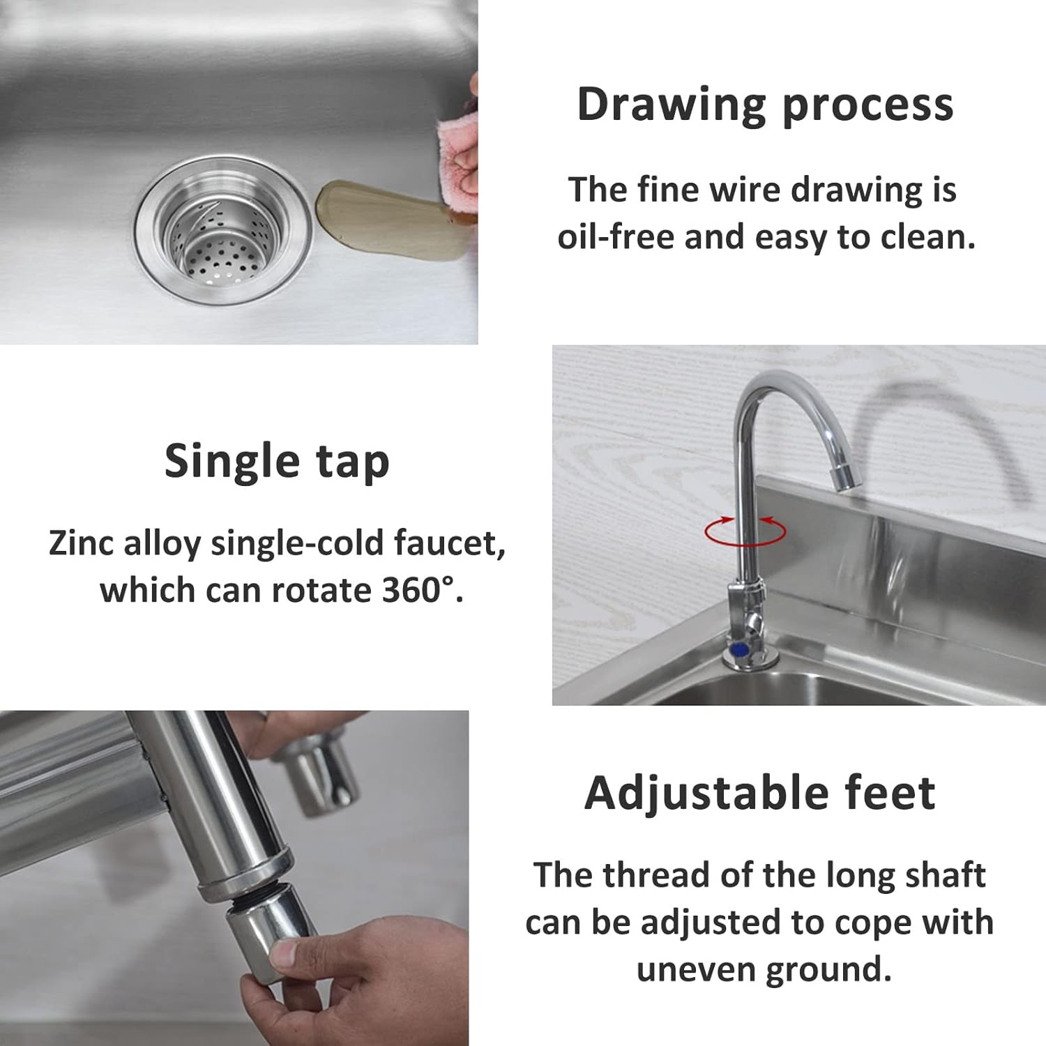Kitchen Sink Freestanding Basin Commercial Stainless Steel Sinks Outdoor Indoor Garage Kitchen Laundry Easy to Assemble Easy to Clean (with Single Tap)