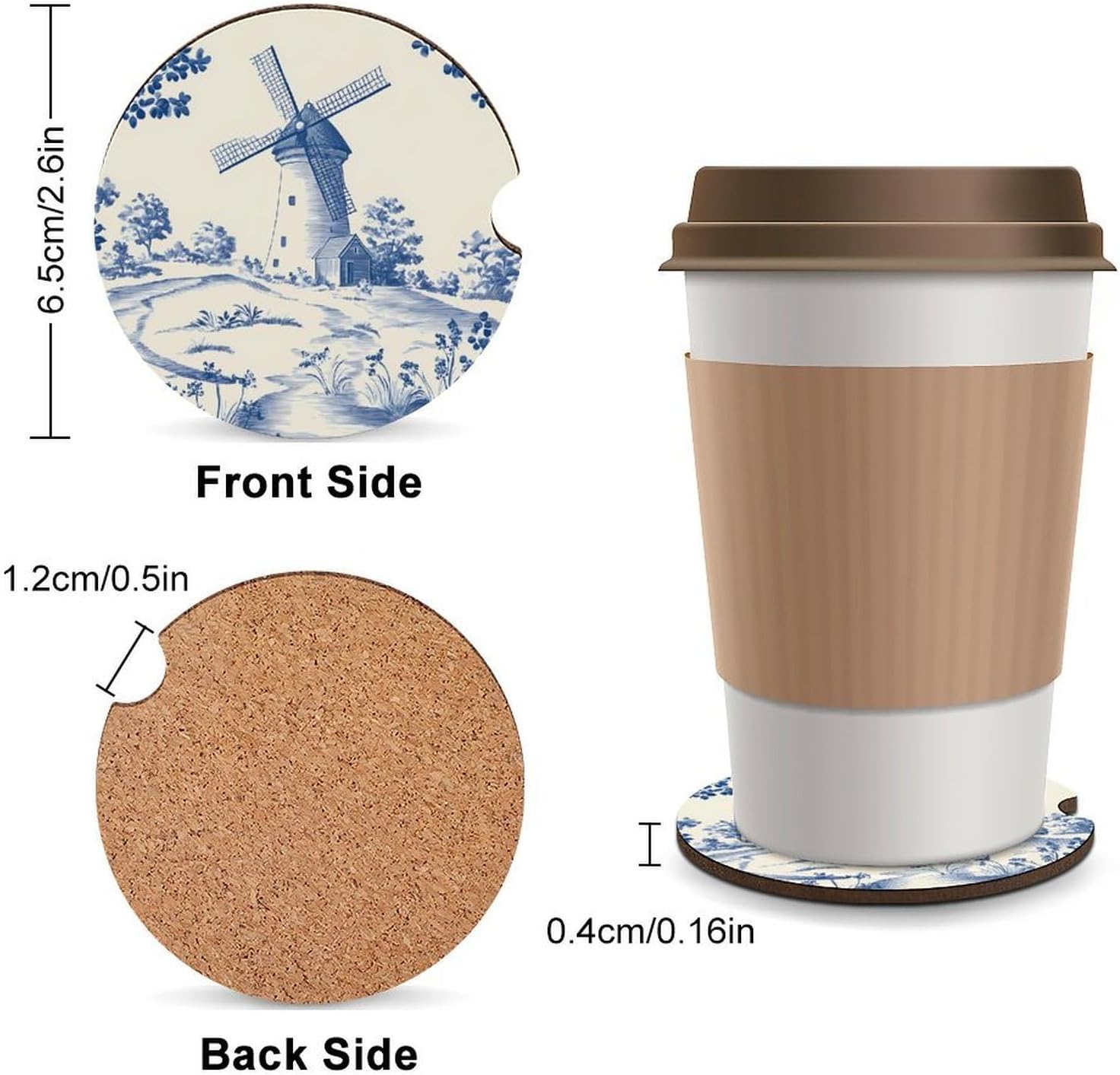 Netherlands Windmill Landscape Car Cup Holder Coaster with Cork Base 2.6 Inches Anti Slip