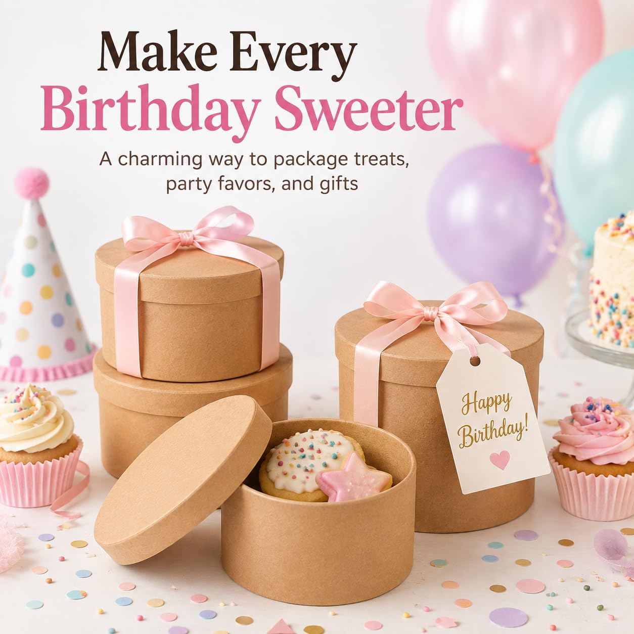 Paquete de 5 cajas redondas de papel kraft para galletas con tapas, contenedor circular de cartón de 5.5 pulgadas para embalaje de postres, soportes vacíos de papel maché para cupcakes, panadería