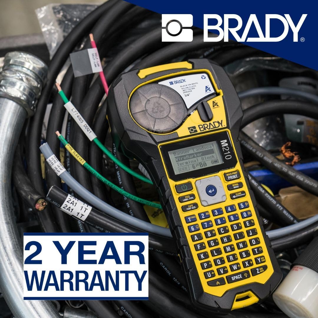 Brady M210 Portable Label Printer with Rubber Bumpers, Multi-Line Print, 6 to 40 Point Font (Replaces BMP21-PLUS Printer), Yellow/Black, 9.5 in H x 4.5 in W x 2.5 in D