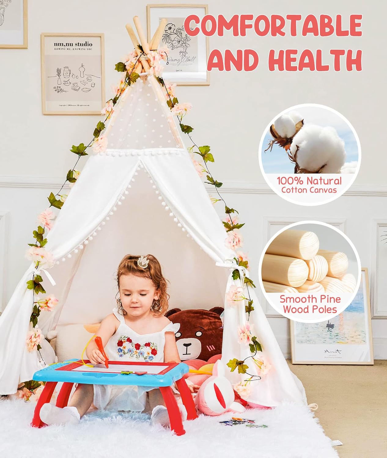 Gamenote Teepee Tent for Kids Indoor Tents with Mat, Inner Pocket, Unique Reinforcement Part - Foldable Play Tent Canvas Tipi Childrens Tents for Girls & Boys (White) (Teepee4) : Everything Else