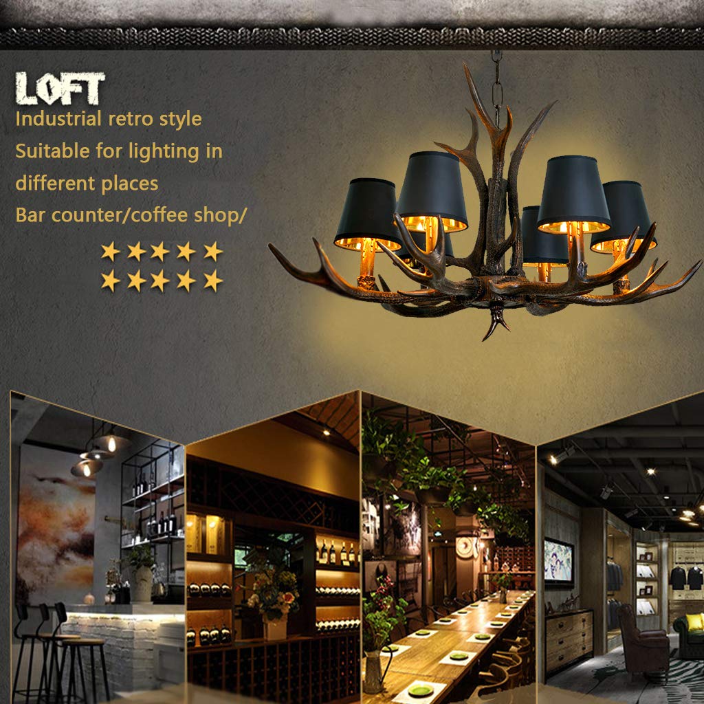 Retro Industrial Kronleuchter Schwarz 6 Köpfe Geweih Hangeleuchte Bar Pendelleuchten Loft Pendellampe Esszimmer Hangelampe Höhe Verstellbare Eisen Kunstharz Beleuchtung Küchenlampen