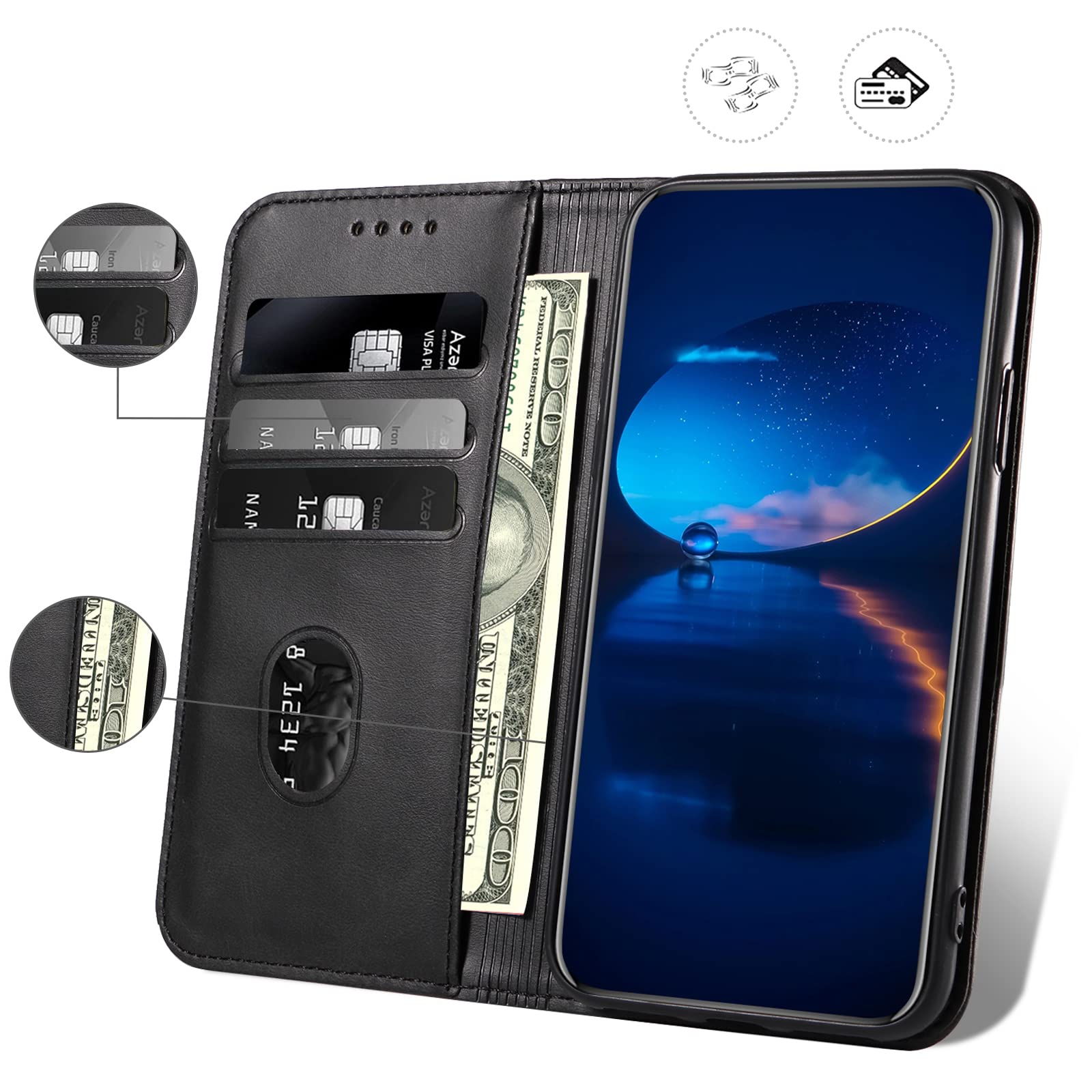 Case for iPhone 12 / iPhone 12 Pro, Classic PU Leather Magnetic Wallet Case, Flip Folio Protective Phone Cover Compatible with iPhone 12 / iPhone 12 Pro, Black — view 3