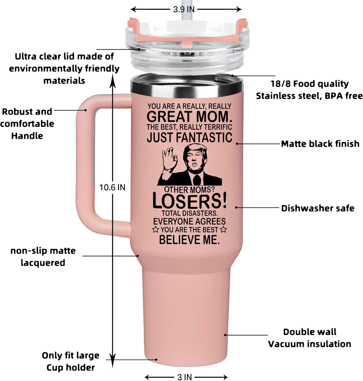 Mothers Day Gifts for Mom from Daughter, Son, Kids - Great Mothers Day Tumbler - Ideas Presents for Mom on Birthday, Xmas - Insulate Stainless Steel Tumbler 20oz, Pink 40oz with Handle - Image 4