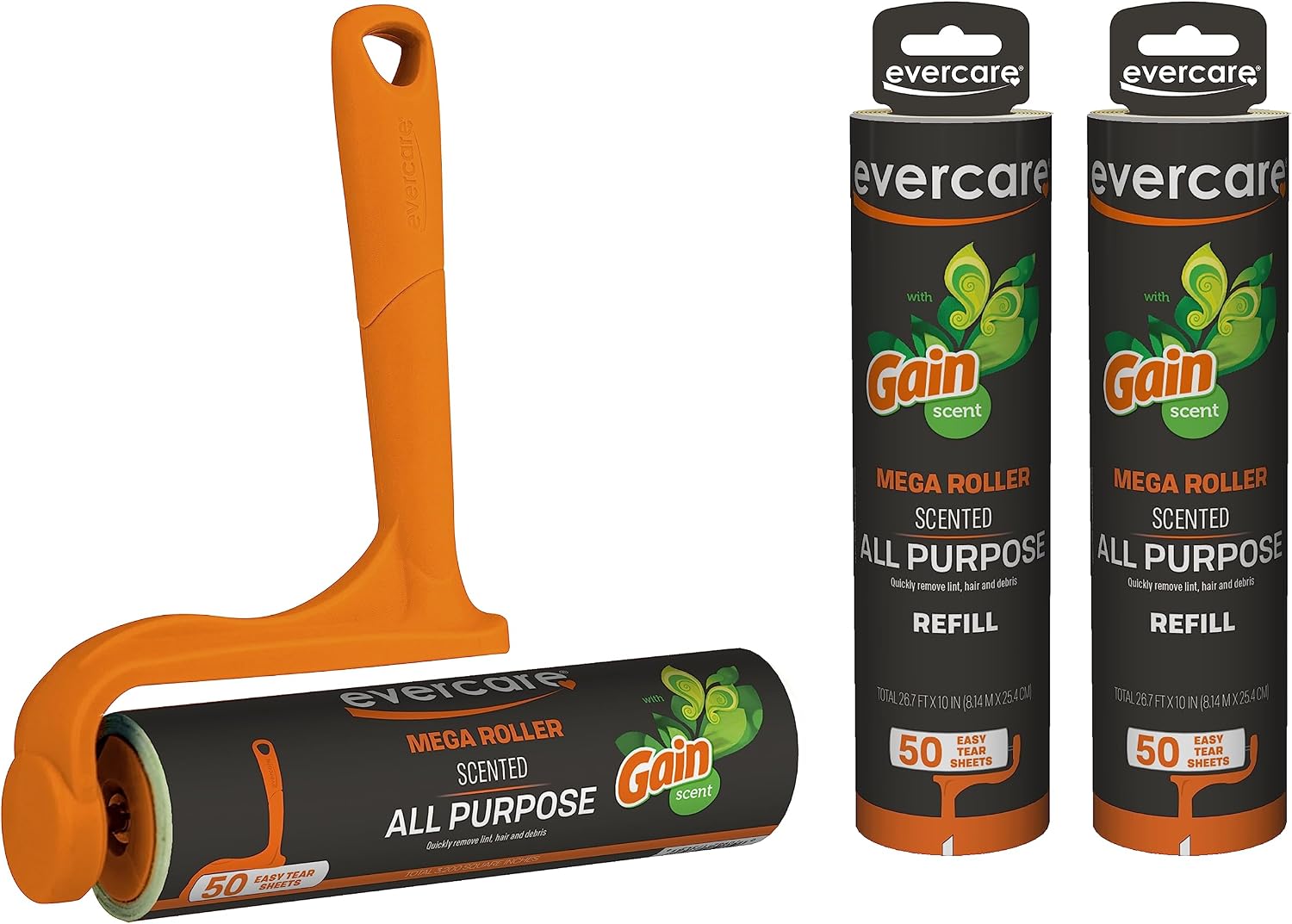 Evercare Pack of 3 Gain Scented All-Purpose Mega Lint Roller Refill Rolls, 50 Sheets Each