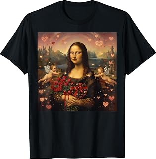 Valentine Mona Lisa Romantic Art with Roses and Chocolates T-Shirt