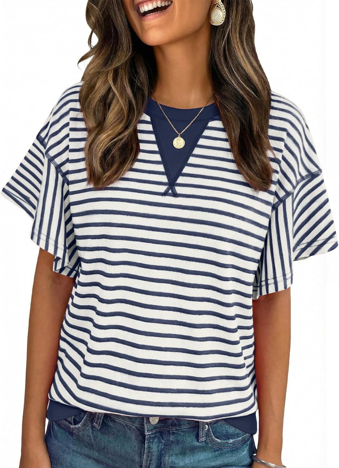 Acelitt Women Crewneck Short Sleeve Striped Tops,S-XXL