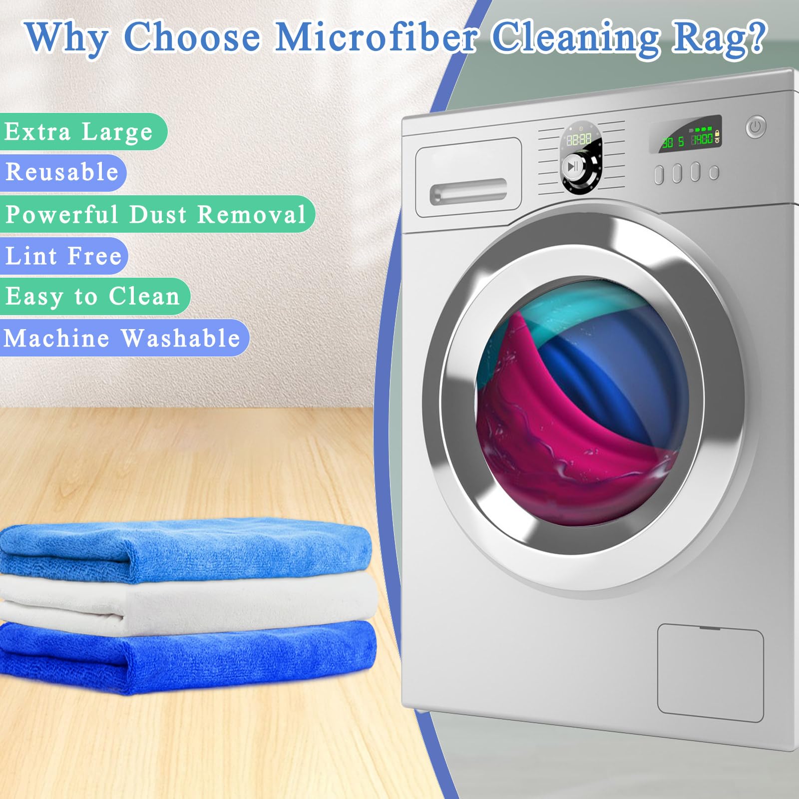 Paño de limpieza de microfibra extra grande de 20 x 30 pulgadas, 6 trapos lavables y reutilizables, toallas de microfibra para limpieza de fregona, oficina, baños, limpieza de casa (azul, blanco)