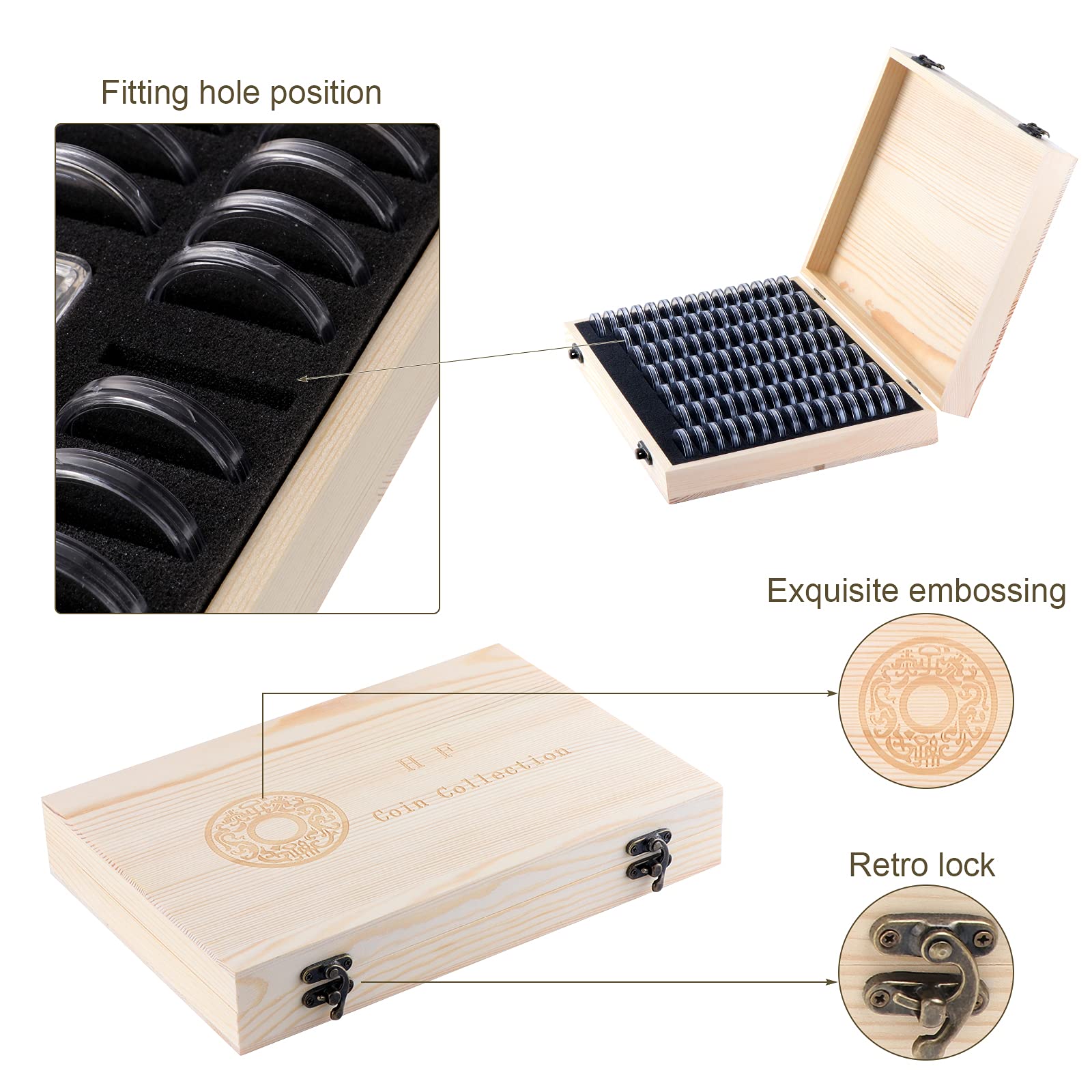 Coffret Rangement 100 Capsules Pour Pièces – Boîte Bois Pin Avec Organiseur, Joints Mousse Réglables – Idéal Collectionneur