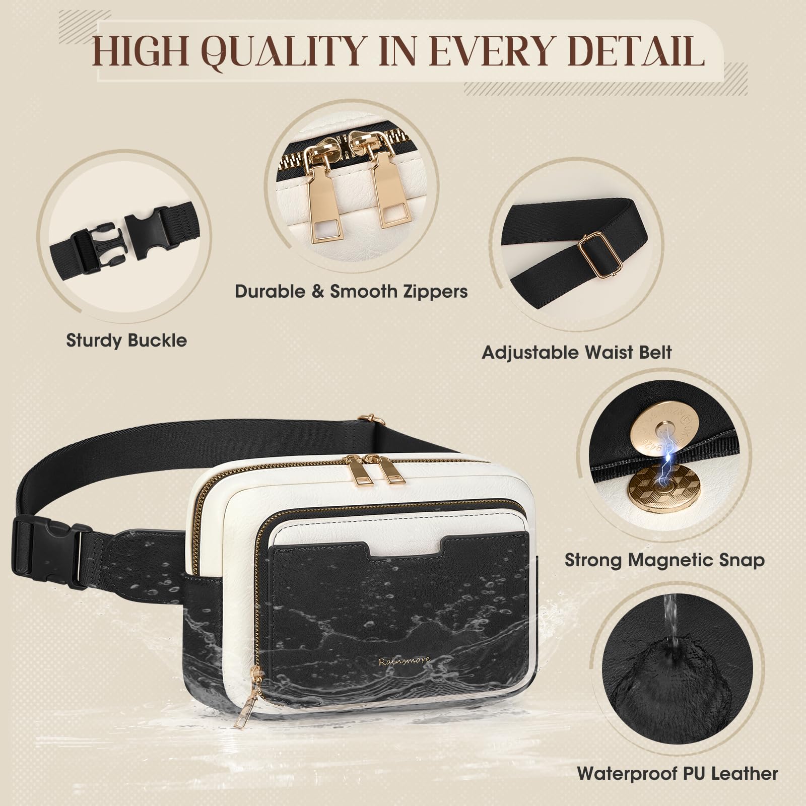 RAINSMORE Marsupio da donna, borsa da cintura vintage in pelle, Nero con bianco., Medium