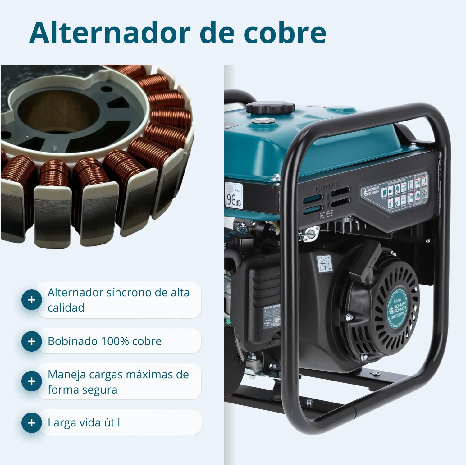 Könner & Söhnen Generador inverter KS 3300i de una potencia máxima de 3300W, 2x Schuko 230 V, pantalla LED, bobinado de cobre, protección ante sobrecargas y cortocircuitos, EURO 5