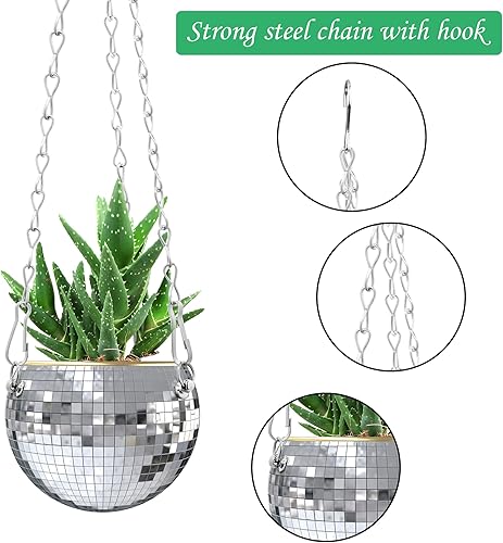 Miniatura 3 de moonoom 2 macetas colgantes de bola de discoteca  4 pulgadas de color plateado con espejo de discoteca con cadena  Maceta colgante bohemia para