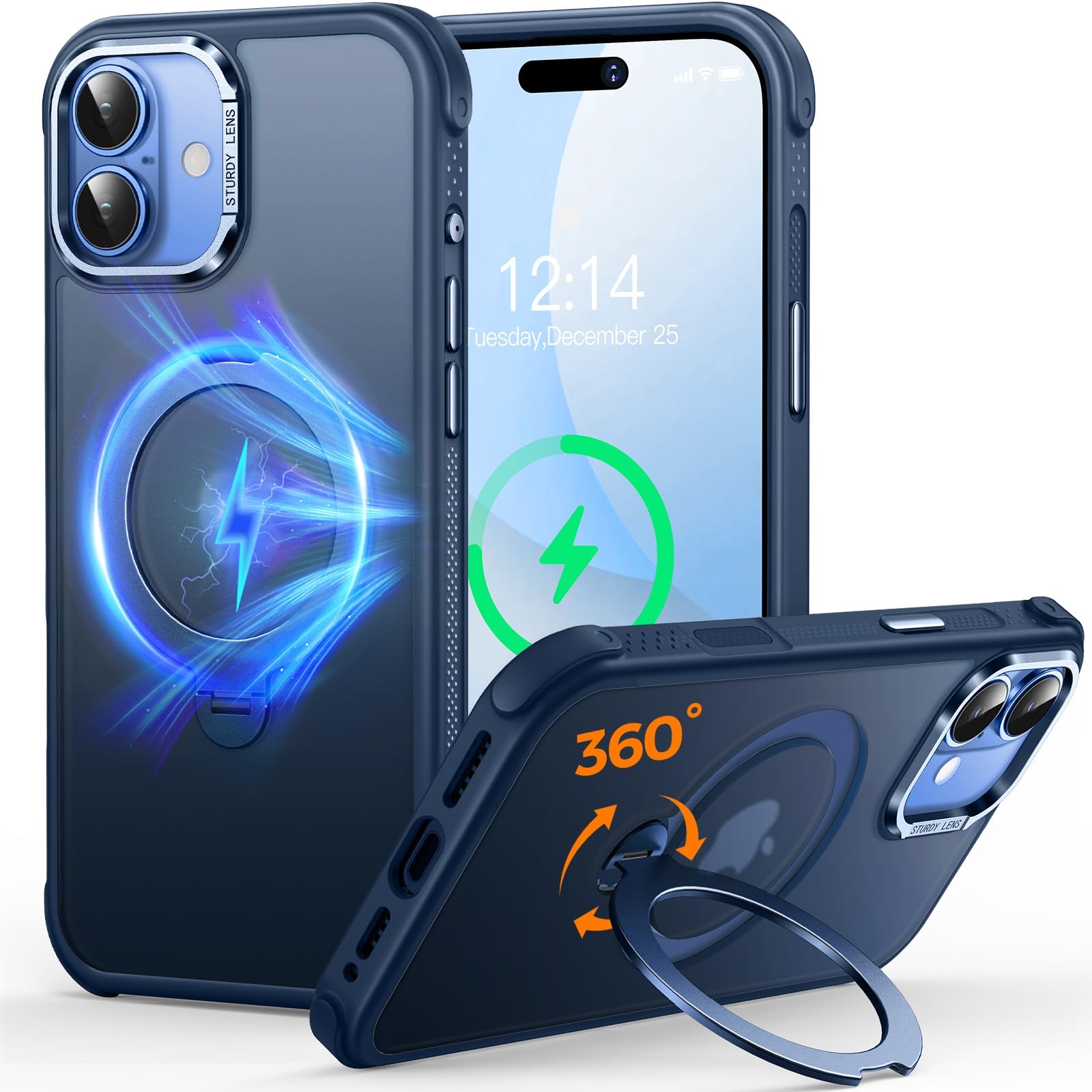【2025新開発!新型TPUバンパー・安全性 】CUTELFON iPhone 17 ケース 3倍米軍規格認証 耐衝撃 MagSafe対応 ワイヤレス充電 いPhone17 ケース 360°回転【横縦両立・角度自由調整】黄ばみなし 傷防止 アイフォン17ケース 対応 半透明のマット背面 薄型 iPhone 17 6.1インチ用 ブルー
