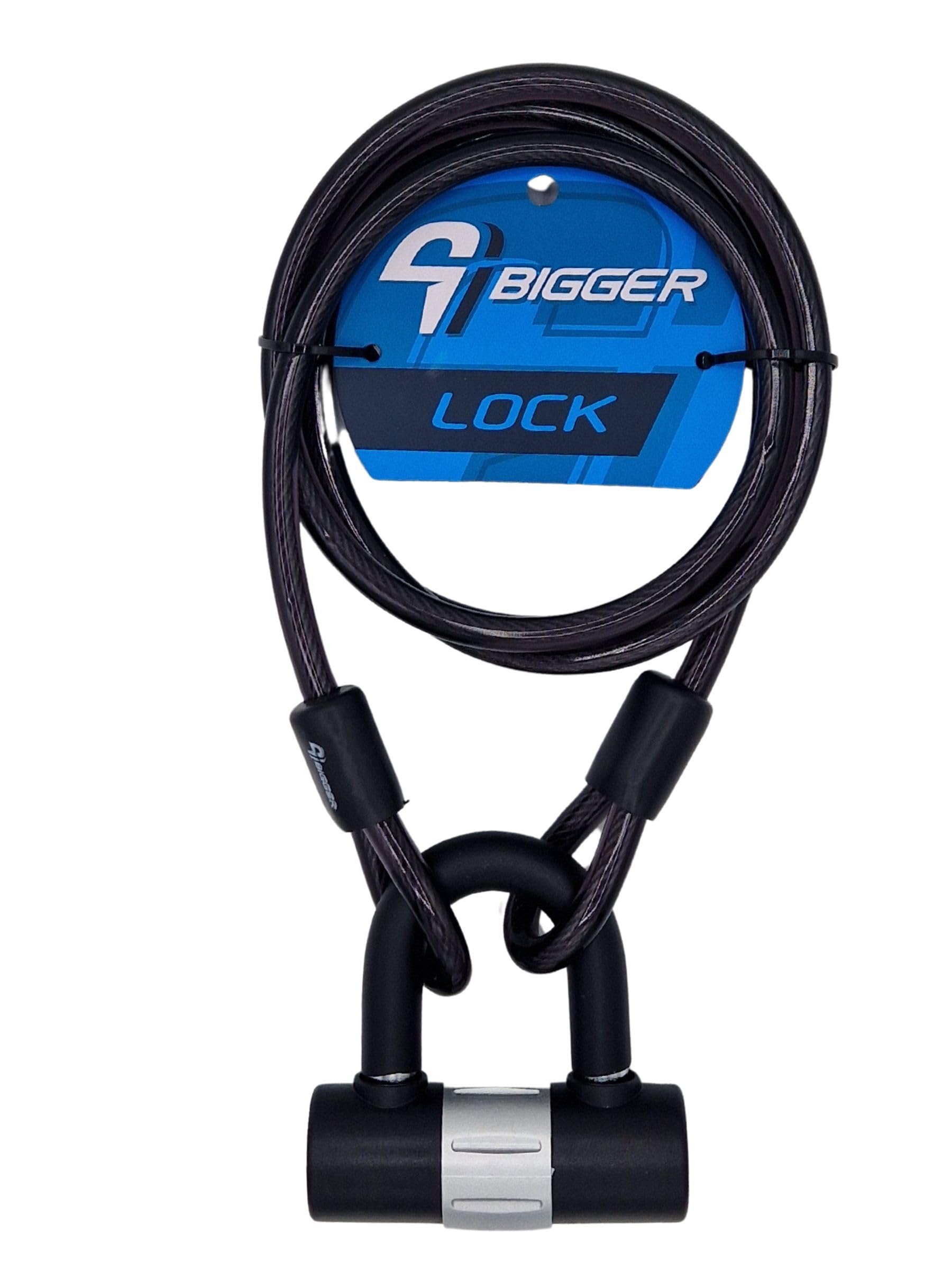 Bigger U Lock Mini 14 mm x 100 mm x 112 mm + Cable de Acero 10 mm x 1800 mm de Largo - Acero Resistente - Protección Plástica - 2 Llaves - Liviana Solo 850 grs - Negro con Detalles en Gris