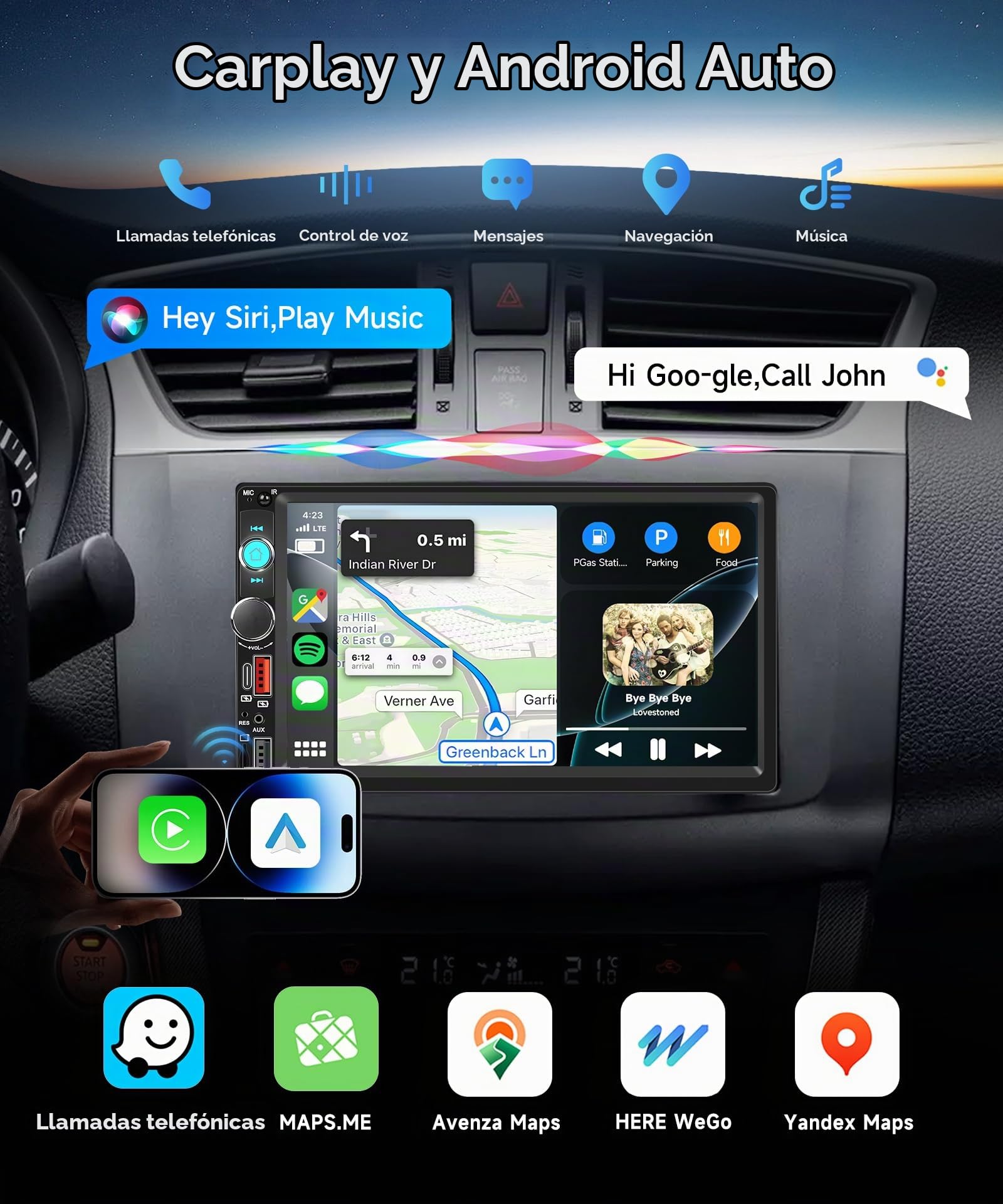 VECHTEL 7" Radio Coche 2 DIN con Carplay inalámbrico Android Auto,Radio FM Bluetooth,Siri Control por Voz,2 USB/SD/AUX,vídeo Online,Mirror Link,cámara de visión Trasera y Control en el Volante
