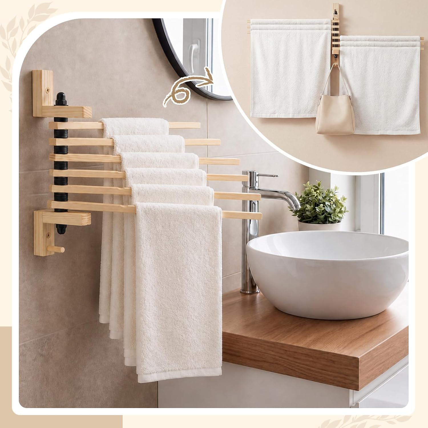 6 Bars Wooden Swivel Towel Rack Wall Mounted Drying, Natural