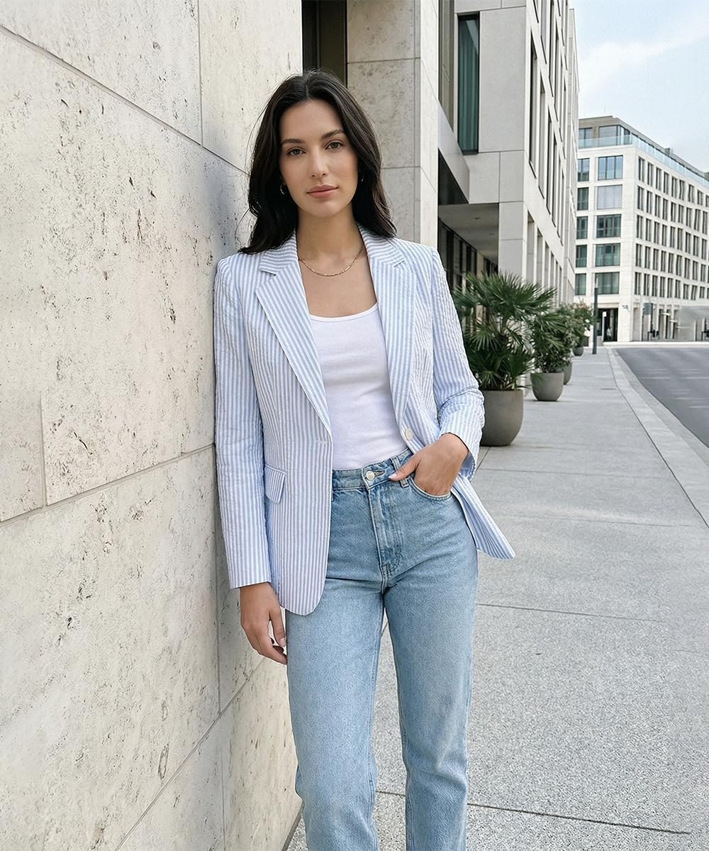 Women's Seersucker Striped Blazer Casual Summer Jacket for Women Business Work Suit Jacket Blazer