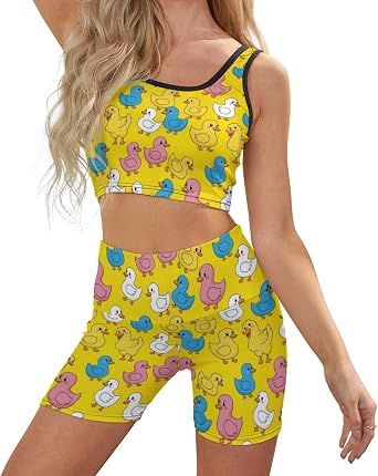 Womens Workout Sets 2 Piece Outfits Crop Tank High Waist Biker Shorts Tracksuit