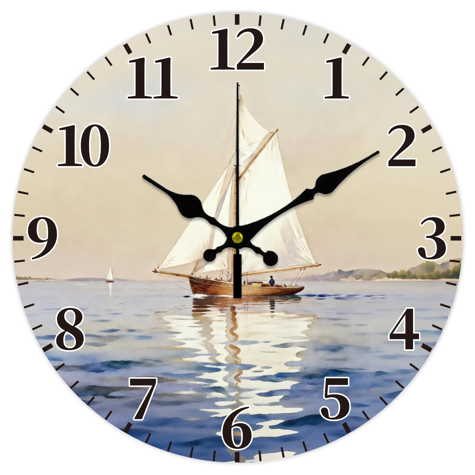 CONCHLERY 12 Inch Sailboat Pattern Round Wall Clock Silent Non Ticking Decorative Clock, for Home Living Room Bedroom Kitchen Office Decor