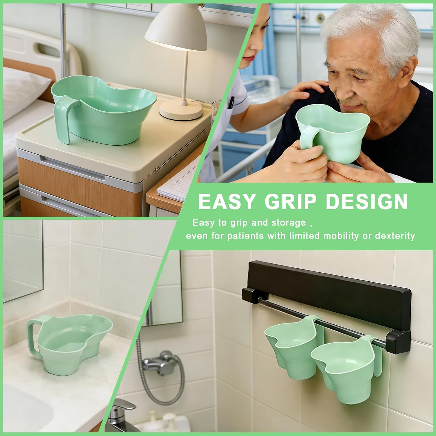 Emesis Basin with Handle - Kidney Shape Tray Plastic Spit Cup, Portable Oral Care Mouthwash Cup, Puke Bucket Wash Basin for Elderly Bedridden Patients, Green, 800ml
