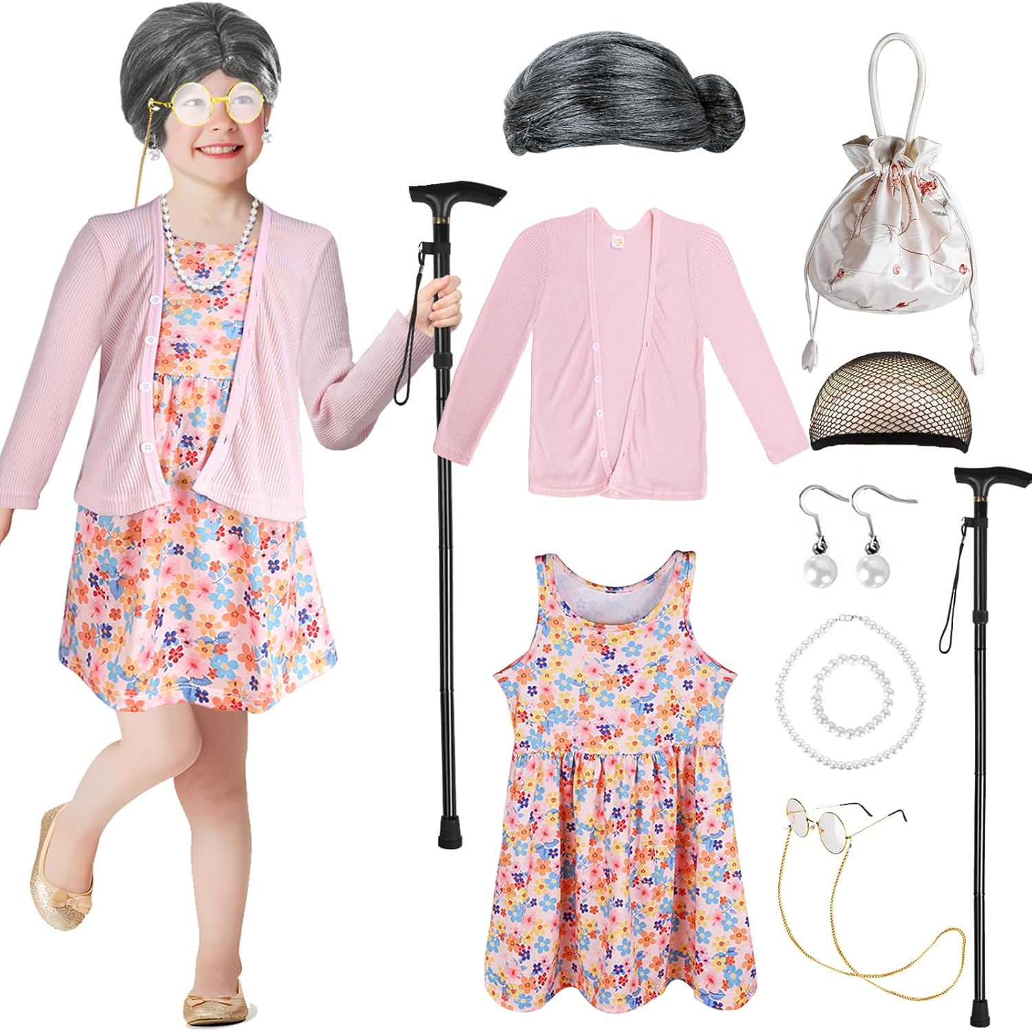 Kid 100th Day of School Costume, Old Lady Costume for Girls, 100 Days of School Costume Grandma Granny Wig Accessories Outfit