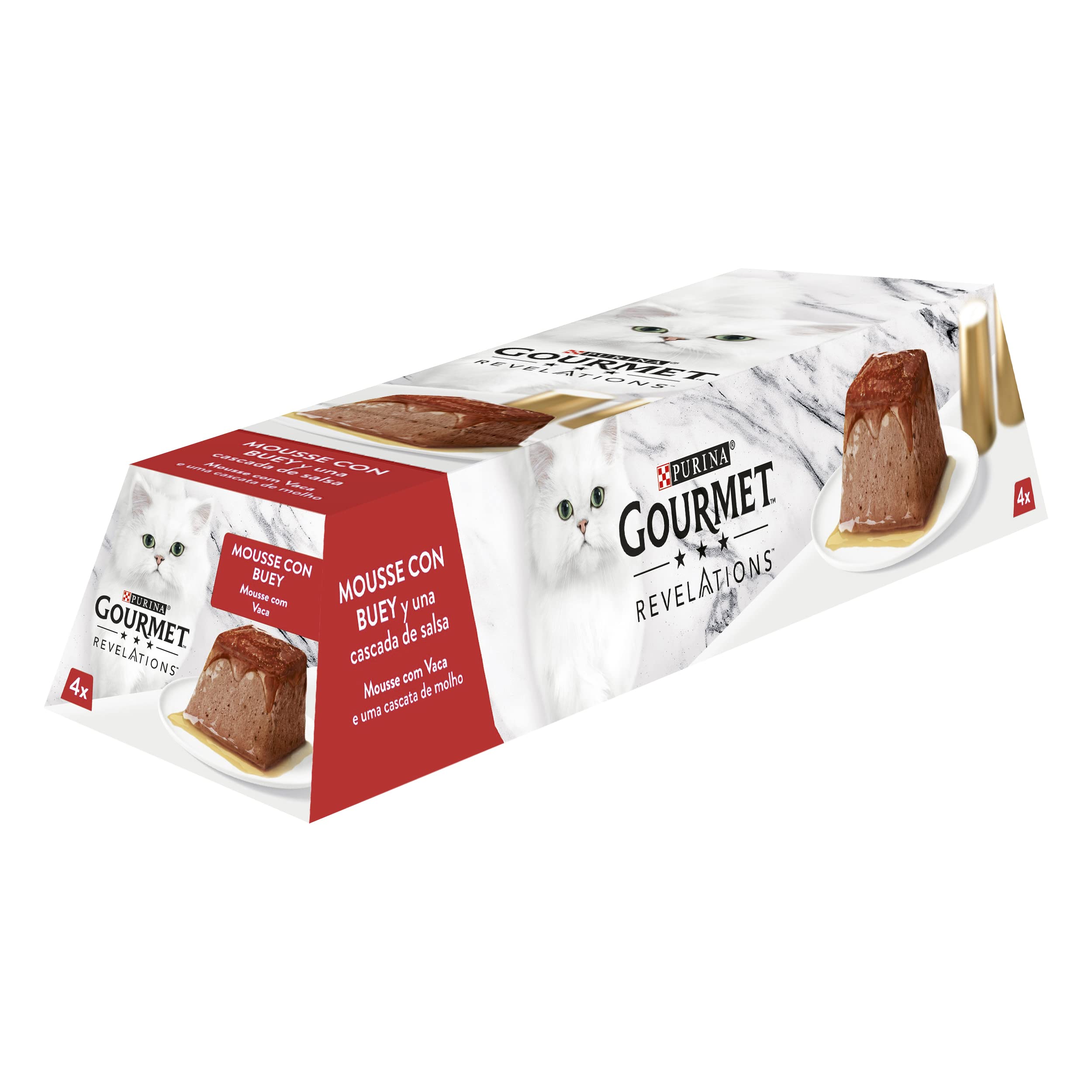 Gourmet Purina Revelations Mousse con salsa, cibo umido per gatti bue, 6 confezioni da 4 piramidi 57 g - 24