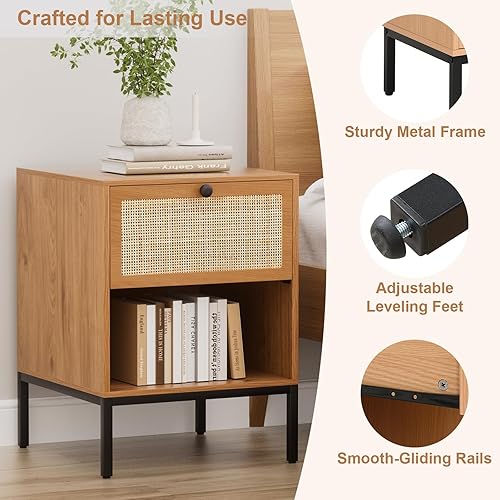 Miniatura 5 de XIAO WEI Juego de 2 mesitas de noche de ratán natural, mesita de noche bohemia con cajón y estante abierto, mesa auxiliar de caña decorativa para