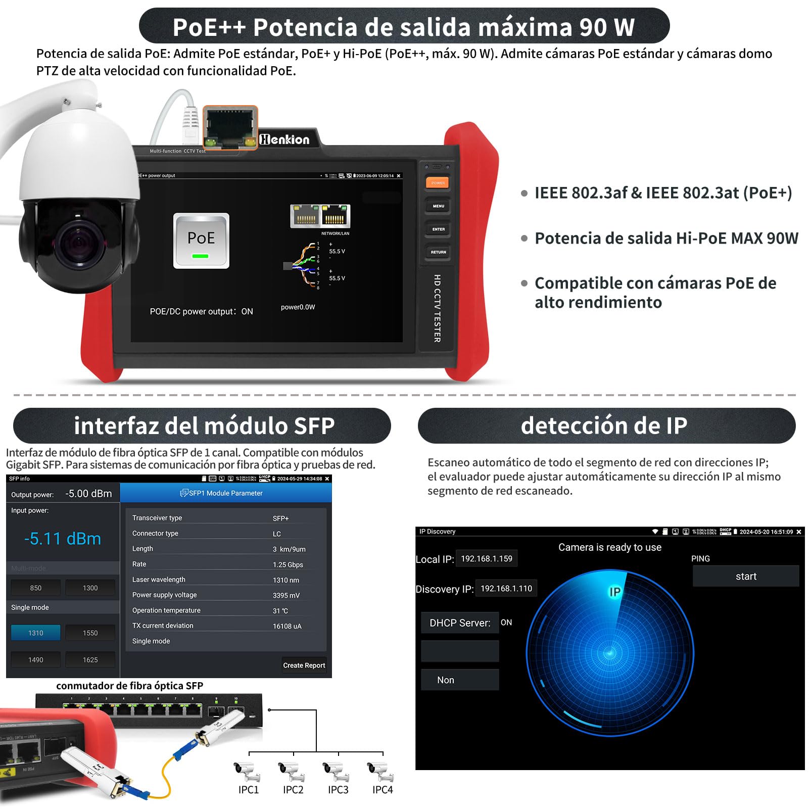 Henkion Monitor Probador de CCTV 4K 12MP Tester Cámaras IP POE++ Máx 90W Test Cámaras POE Pantalla Táctil IPS 8 pulgadas 1920x1200 Módulo SFP 1CH WiFi Herramientas Red Test Cables Detección POE E88