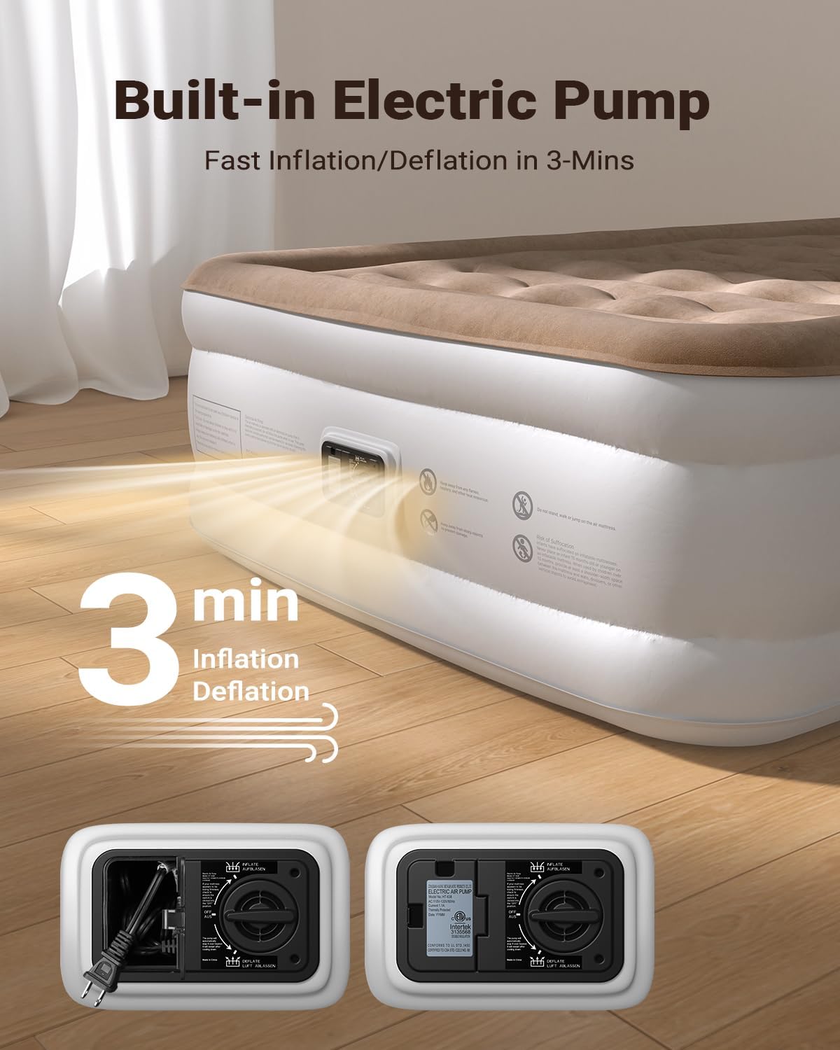 iDOO Air Mattress Full with Built in Pump, Inflatable Blow up Mattress, Comfort and Portable Airbed for Home Guest and Camping, Upgraded Wave Beam Flocked Top, Colchones Inflables, Brown