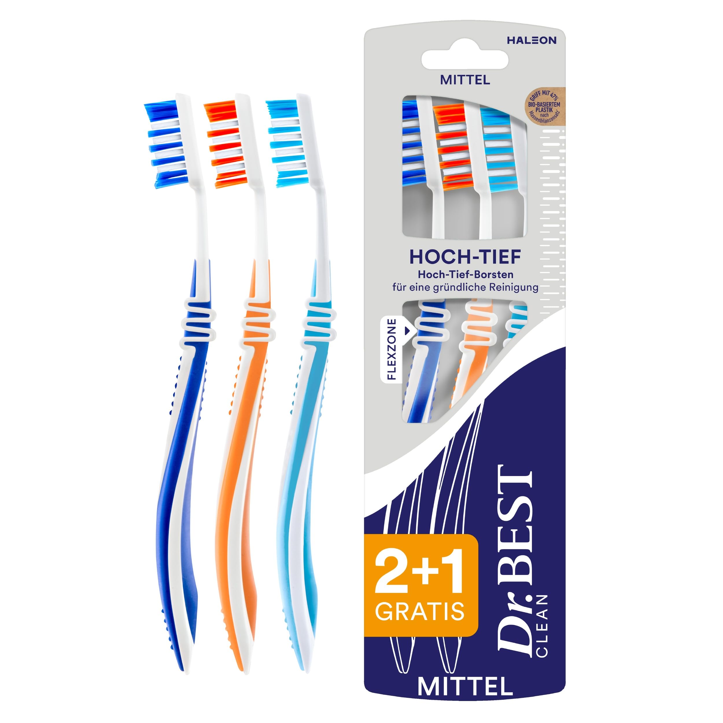 Dr.BEST Hoch-Tief Zahnbürste, Mittel, Vorteilspack – Hoch-Tief-Borsten für eine gründliche Reinigung, mit angeschrägten Borstenreihen für ideale Anpassung an die Zahnreihe.
