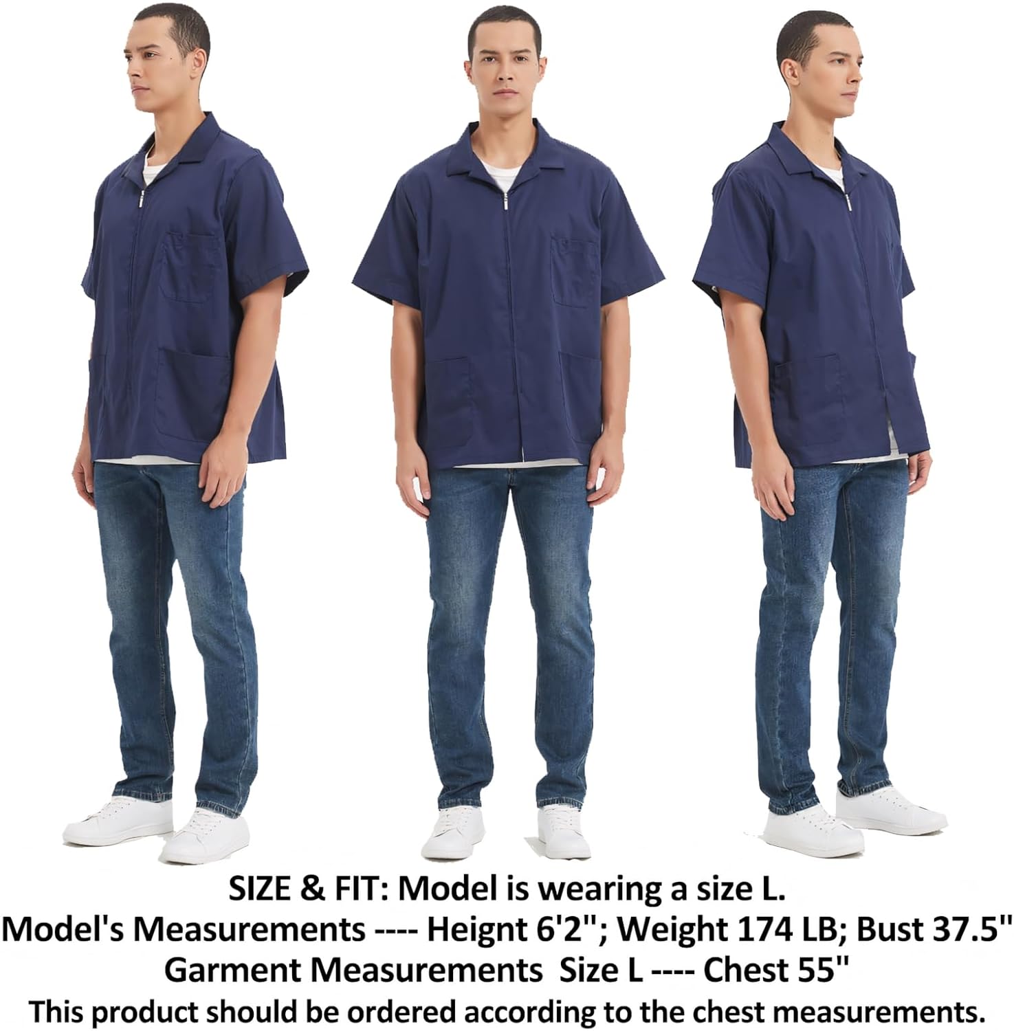 TopTie Unisex Zip Front Smock Short-Sleeve Zippered Work Shirt Utility Jacket - Image 2