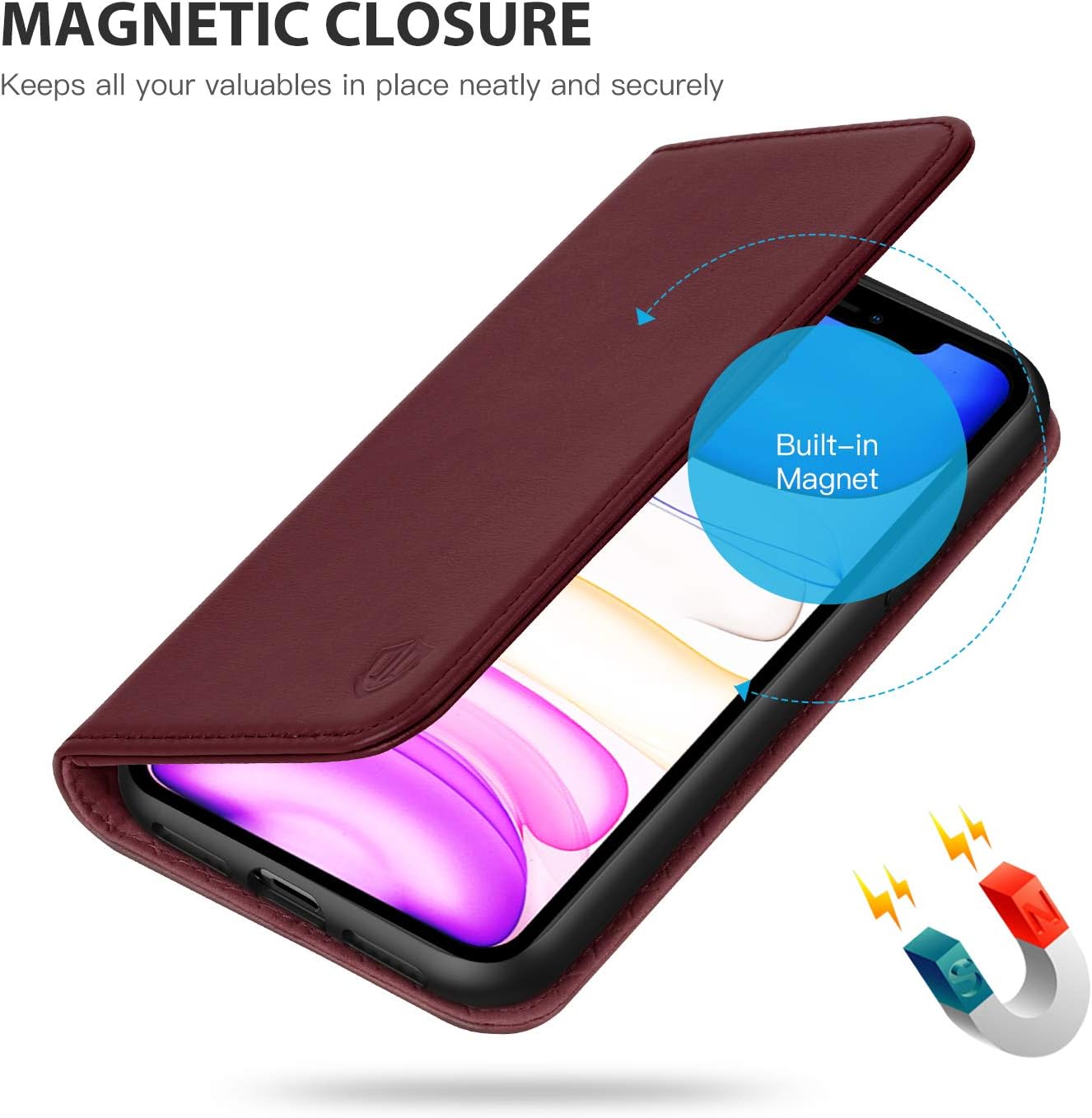 Promo Discount Up To 70% Off SHIELDON iPhone 11 Case, iPhone 11 Wallet Case, Genuine Leather Magnetic Cover RFID Blocking Card Slots Holder Kickstand Shockproof Protective Case Compatible with iPhone 11 (6.1 Inch) - Wine Red