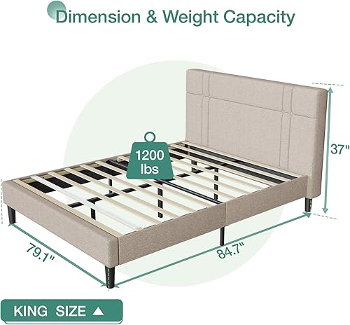 Miniatura 2 de Novilla Base de cama tamaño King con cabecero tapizado y soporte de listones de madera, marco de cama King no necesita somier, fácil montaje, beige