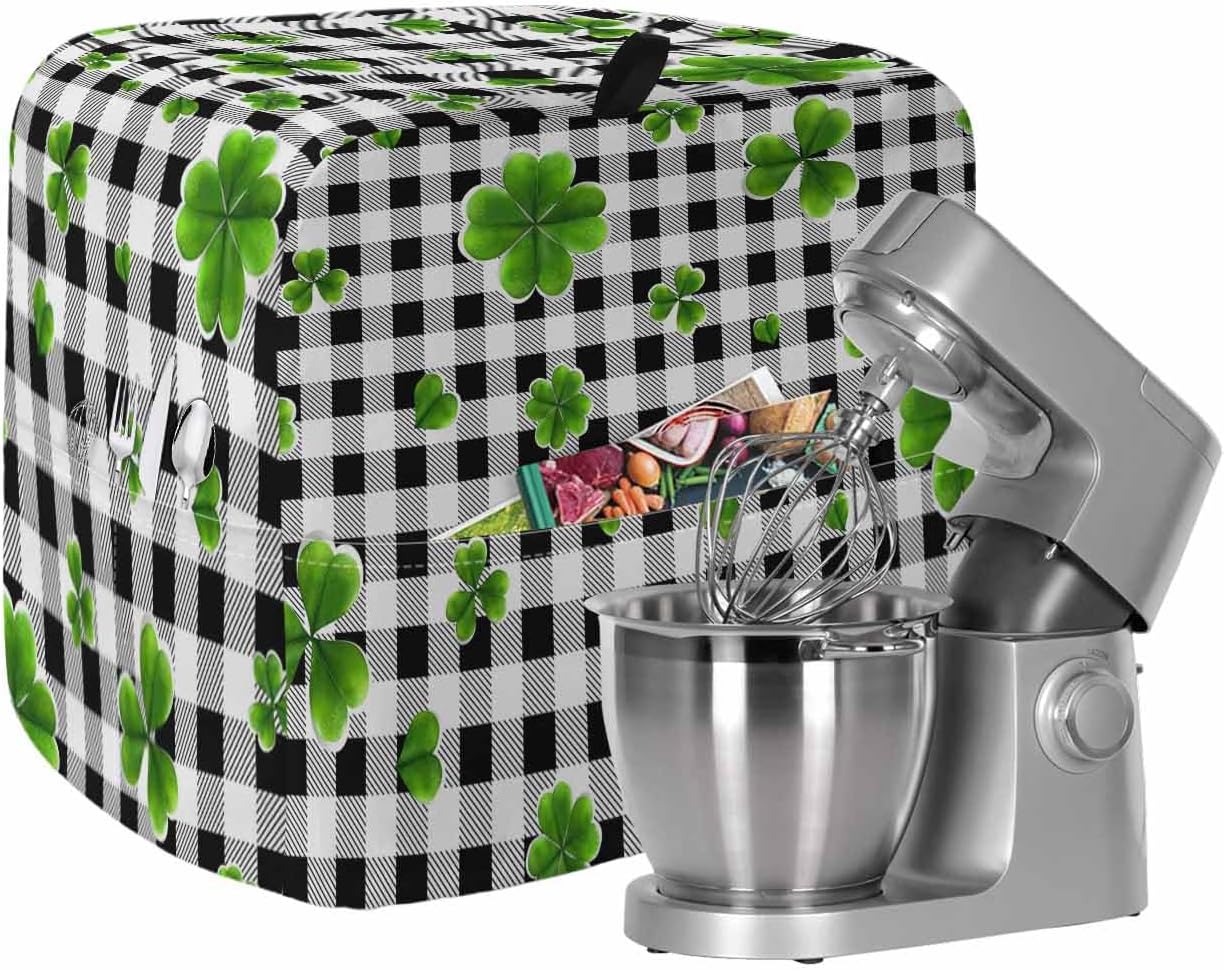 St. Patrick's Day Stand Mixer Cover with Storage Pocket, Waterproof Kitchen Mixer Covers, Spring Lucky Shamrock Black White Plaid Kitchen Appliance Dust Cover Compatible with 6-9 Quart Mixers