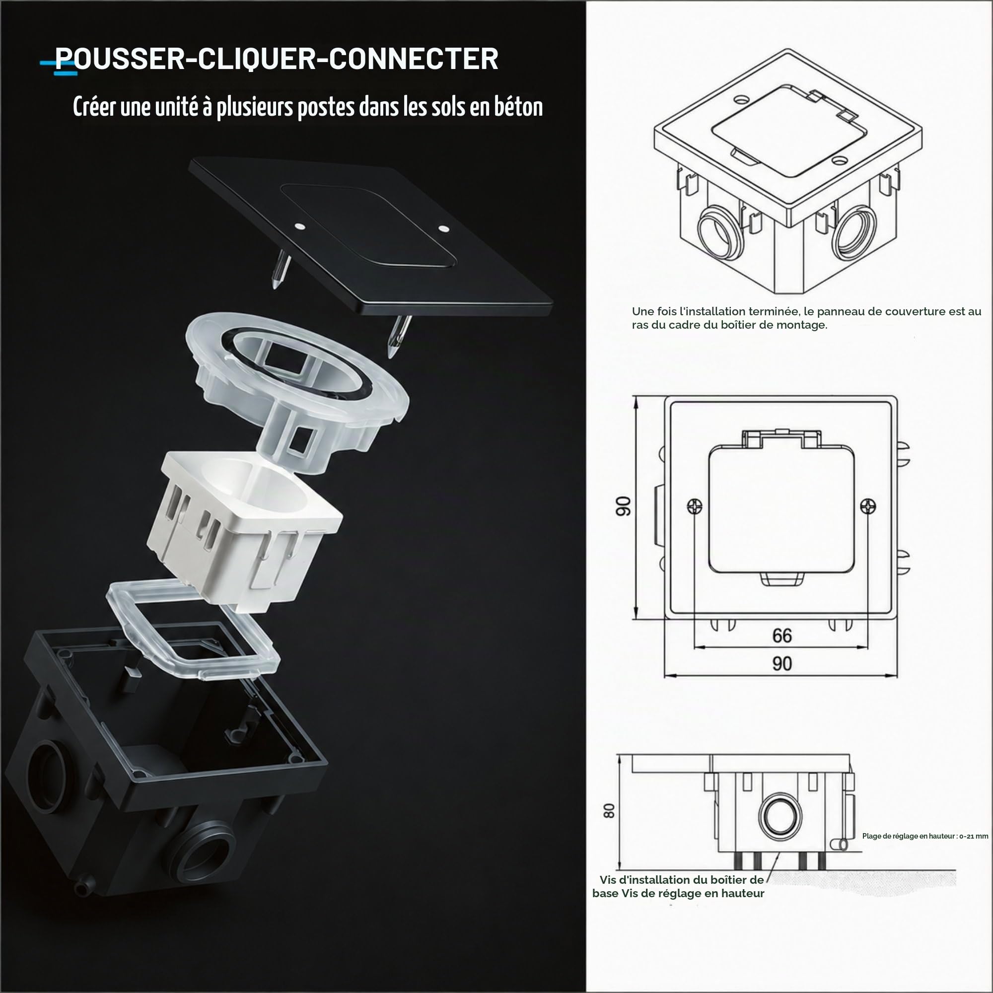 Prise encastrable en acier inoxydable, prise de sol IP44, clapet, série AP-1 noir